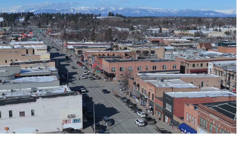 Downtown Kalispell aerial drone shot